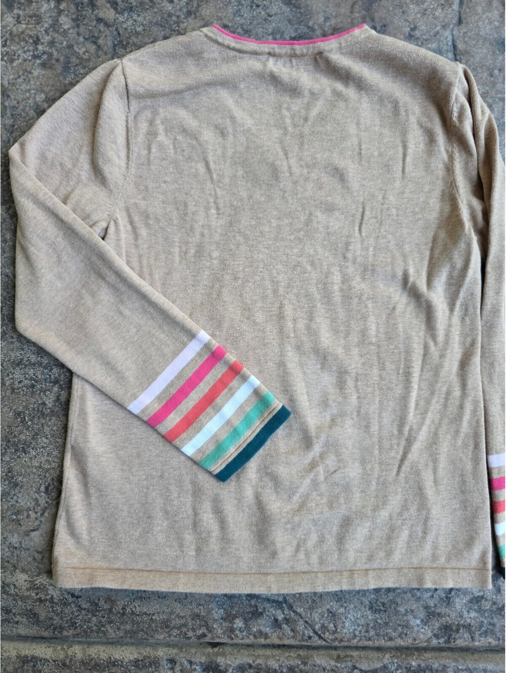 Tommy Hilfiger Women's Beige V-Neck Sweater with Multi-Color Stripe Cuffs, SizeM - Picture 5 of 6
